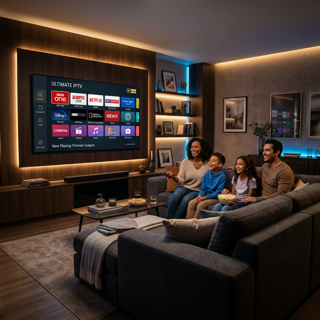 Happy family enjoying premium ApnaTV99 IPTV experience in a luxury living room